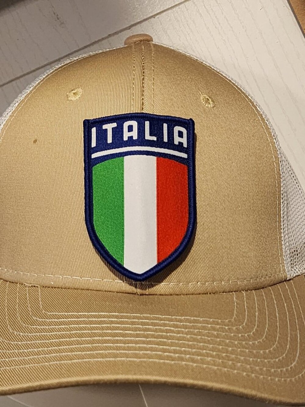 ITALIA Patched Khaki/White Mesh Snapback Trucker Hat
